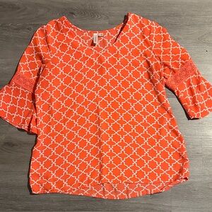 Tacera Orange and White Geometric Blouse